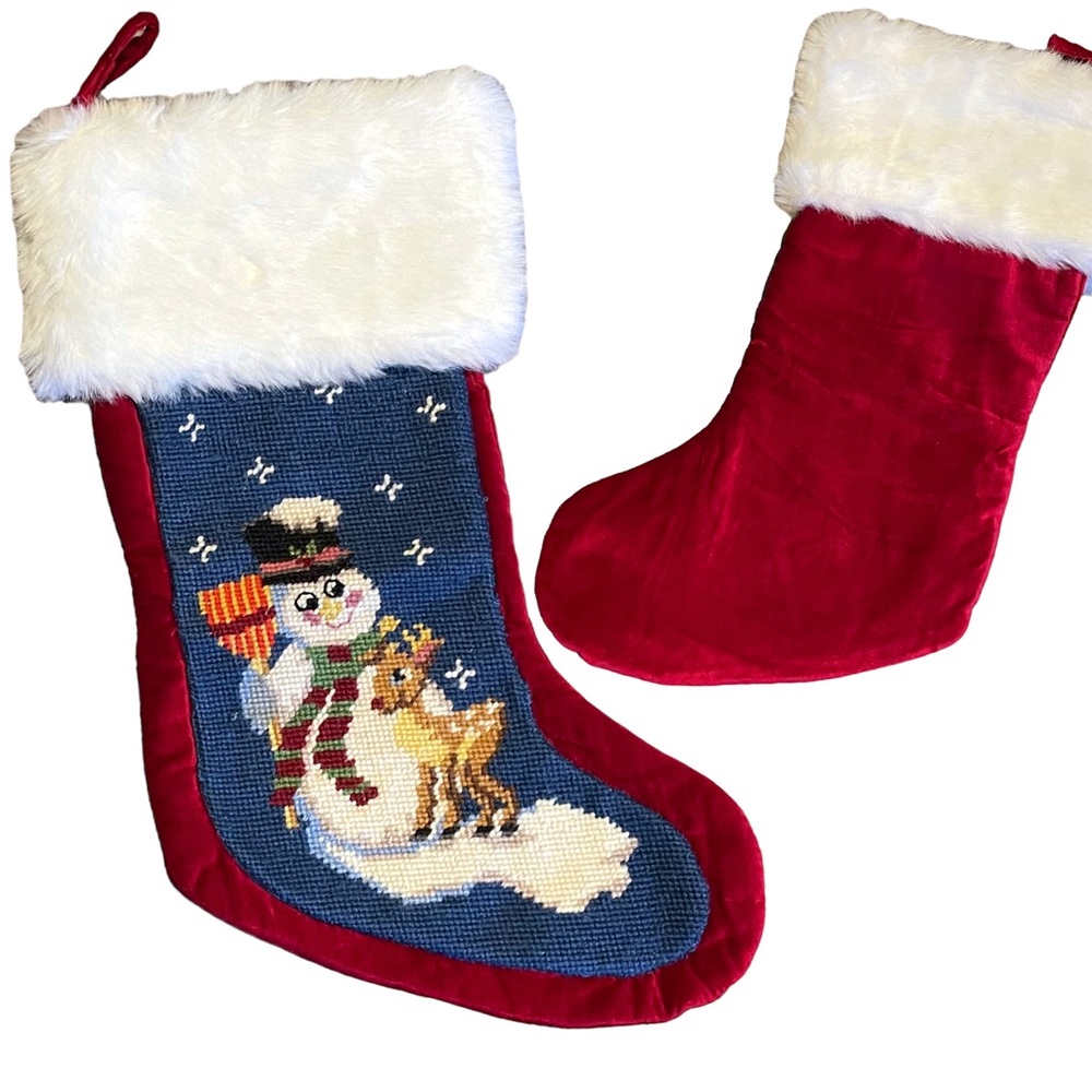 Needlepoint Christmas Stocking Snowman Deer White Faux Fur Cuff Red Velvet Like